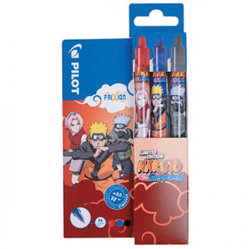 PILOT FRIXION Clicker Naruto Tintenroller rot, blau, schwarz 0,35 mm, Schreibfarbe: farbsortiert, 3 St.