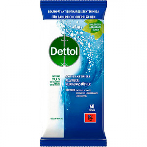 Dettol feuchte Allzweck-Reinigungstücher ANTIBAKTERIELL 1-lagig weiß, 60 St.