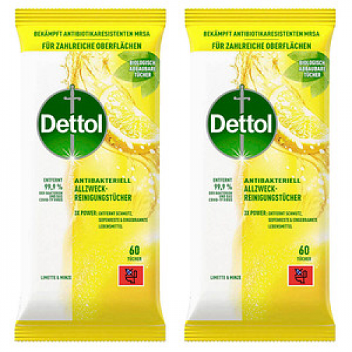 Dettol feuchte Allzweck-Reinigungstücher ANTIBAKTERIELL 1-lagig weiß, 120 St.