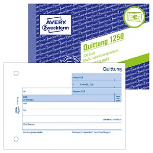 AVERY Zweckform Quittung, MwSt. separat ausgewiesen Formularbuch 1250