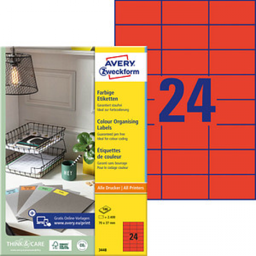 2.400 AVERY Zweckform Etiketten 3448 rot 70,0 x 37,0 mm