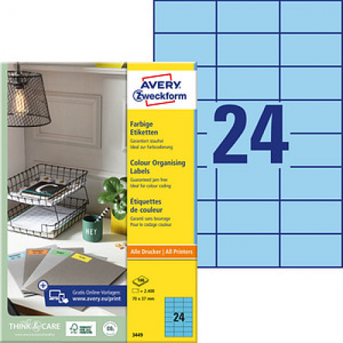 2.400 AVERY Zweckform Etiketten 3449 blau 70,0 x 37,0 mm