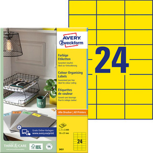 2.400 AVERY Zweckform Etiketten 3451 gelb 70,0 x 37,0 mm