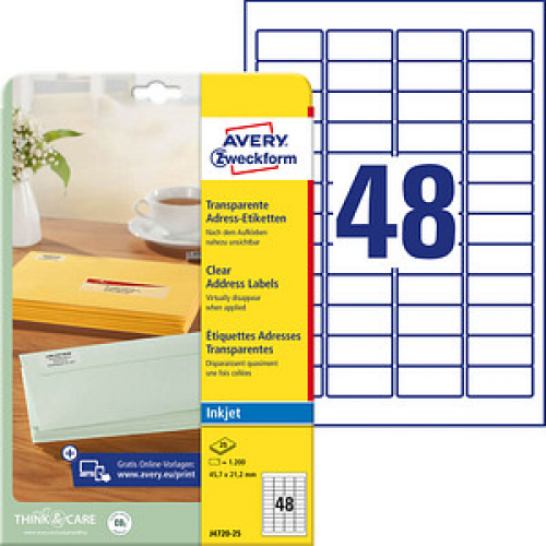 1.200 AVERY Zweckform Folien-Adressetiketten J4720-25 transparent 45,7 x 21,2 mm