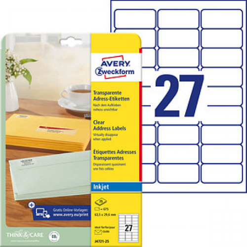 675 AVERY Zweckform Folien-Adressetiketten J4721-25 transparent 63,5 x 29,6 mm