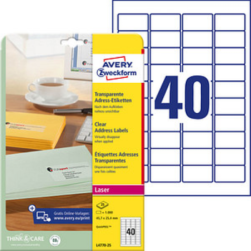 1.000 AVERY Zweckform Folien-Adressetiketten L4770-25 transparent 45,7 x 25,4 mm