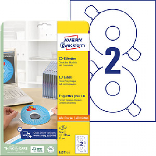 50 AVERY Zweckform CD-Etiketten L6015-25 weiß