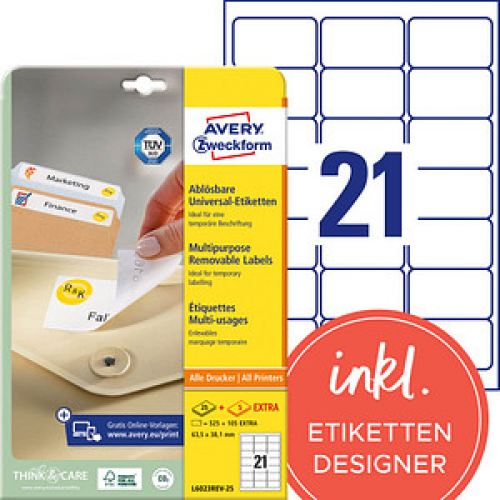 630 AVERY Zweckform Etiketten L6023REV-25 weiß 63,5 x 38,1 mm