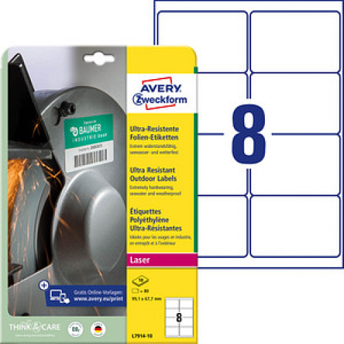 80 AVERY Zweckform resistente Folienetiketten L7914-10 weiß 99,1 x 67,7 mm