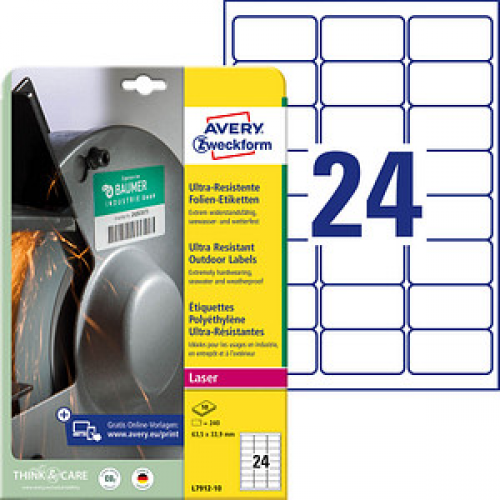 240 AVERY Zweckform resistente Folienetiketten L7912-10 weiß 63,5 x 33,9 mm