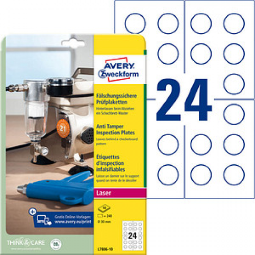 240 AVERY Zweckform Prüfplaketten L7806-10 weiß 30,0 x 30,0 mm