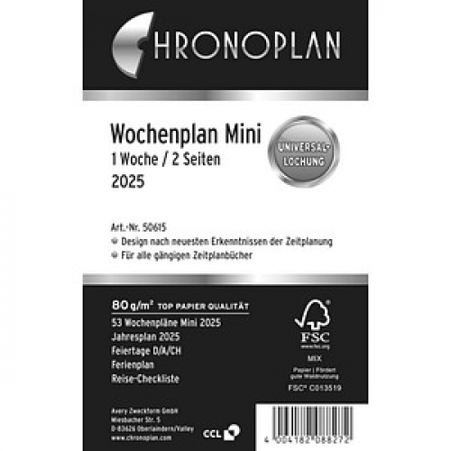 CHRONOPLAN Kalendereinlage 2025 Wochenplan Mini (7,9 x 12,5 cm)