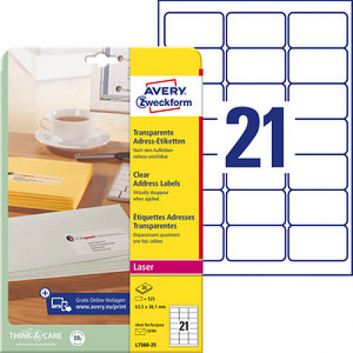 525 AVERY Zweckform Folien-Adressetiketten L7560-25 transparent 63,5 x 38,1 mm