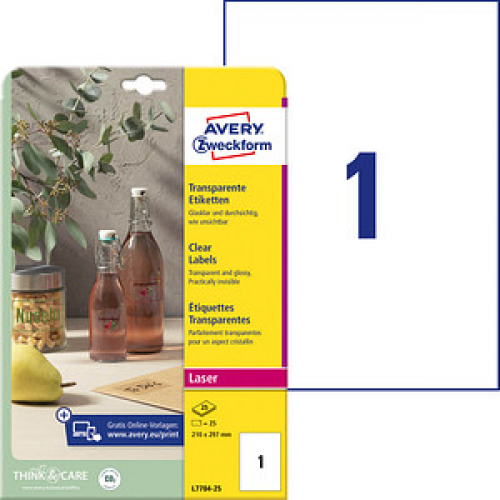 25 AVERY Zweckform Folienetiketten transparent 210,0 x 297,0 mm