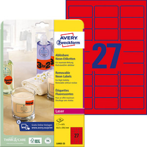 675 AVERY Zweckform Etiketten L6003-25 rot 63,5 x 29,6 mm