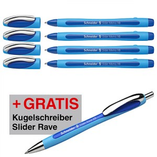 AKTION: Schneider Kugelschreiber Slider Memo blau Schreibfarbe blau, 4 St. + GRATIS Schneider Kugelschreiber Slider Rave XB blau