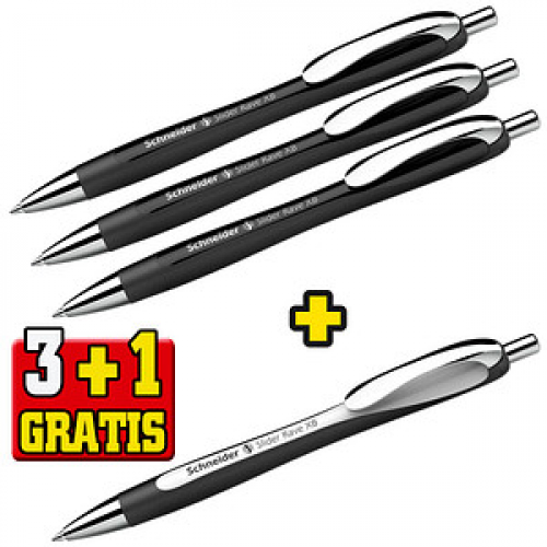 3 + 1 GRATIS: Schneider Kugelschreiber Slider Rave XB schwarz Schreibfarbe blau, 3 St. + GRATIS 1 Slider Rave XB schwarz