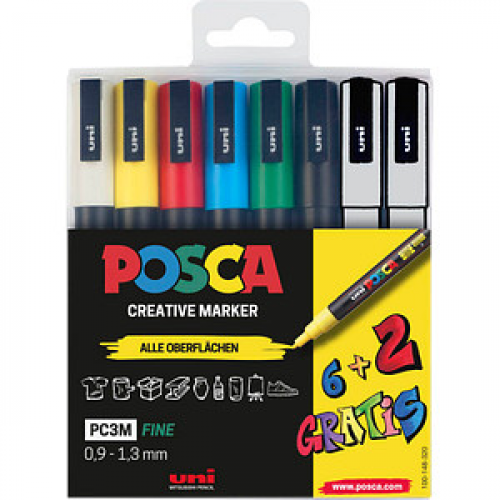 uni-ball POSCA PC-3M Acrylstift farbsortiert 0,9 - 1,3 mm, 8 St.