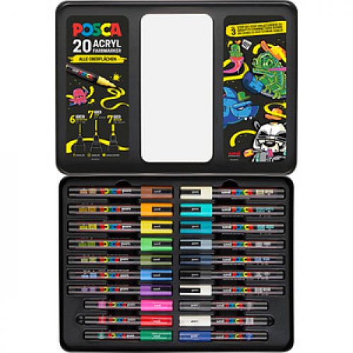 uni-ball POSCA Marker Metalletui Graffiti Acrylstift farbsortiert, 20 St.