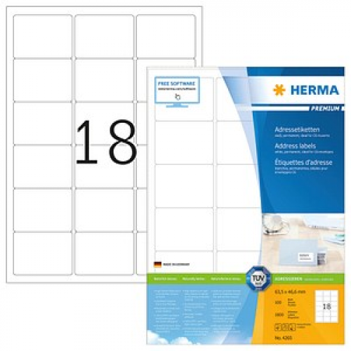 1.800 HERMA Adressetiketten 4265 weiß 63,5 x 46,6 mm