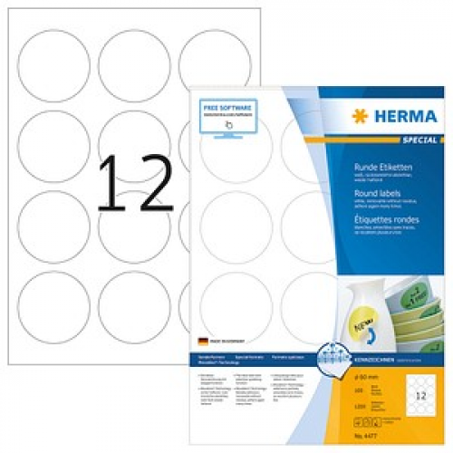 1.200 HERMA Etiketten 4477 weiß 60,0 x 60,0 mm