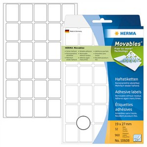 960 HERMA Movables Etiketten 10608 weiß 19,0 x 27,0 mm