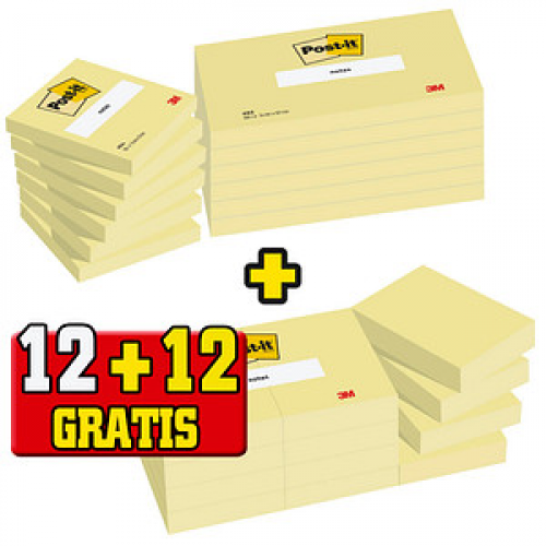 12 + 12 GRATIS: Post-it® Notes Haftnotizen-Set 654655P gelb, 12 Blöcke + GRATIS 12 Blöcke Haftnotizen 5,1 x 3,8 cm