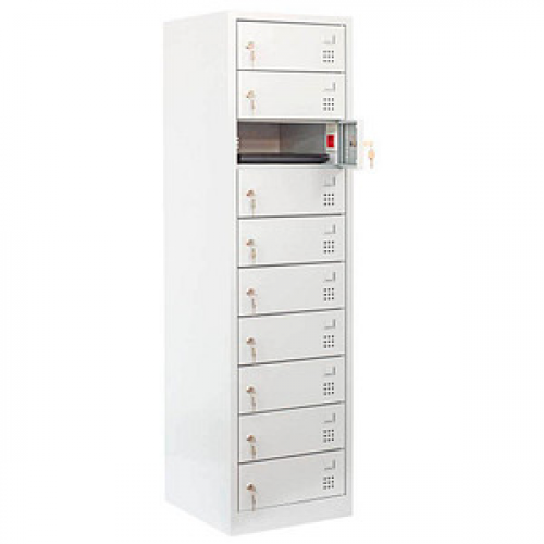 LÜLLMANN Schließfachschrank mit Ladefunktion lichtgrau 526440, 10 Schließfächer 50,0 x 50,0 x 180,0 cm