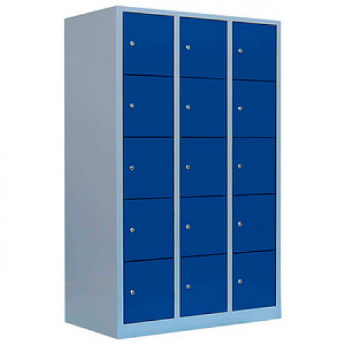 LÜLLMANN Schließfachschrank enzianblau, lichtgrau 523931, 15 Schließfächer 118,5 x 50,0 x 190,0 cm