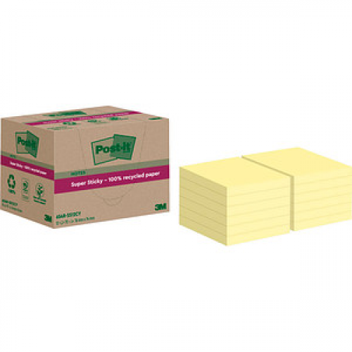 Post-it® Super Sticky Recycling Notes Haftnotizen extrastark gelb, 12 Blöcke