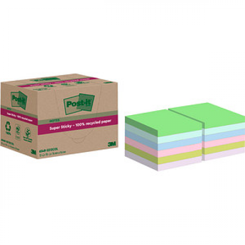 Post-it® Super Sticky Recycling Notes Haftnotizen extrastark farbsortiert, 12 Blöcke