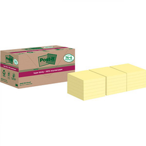 Post-it® Super Sticky Recycling Notes Haftnotizen extrastark gelb, 18 Blöcke