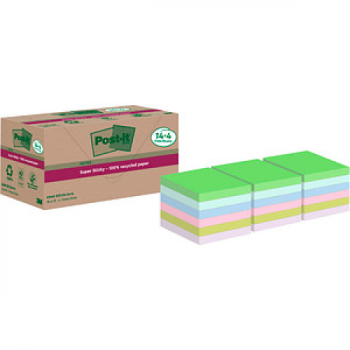 Post-it® Super Sticky Recycling Notes Haftnotizen extrastark farbsortiert, 18 Blöcke