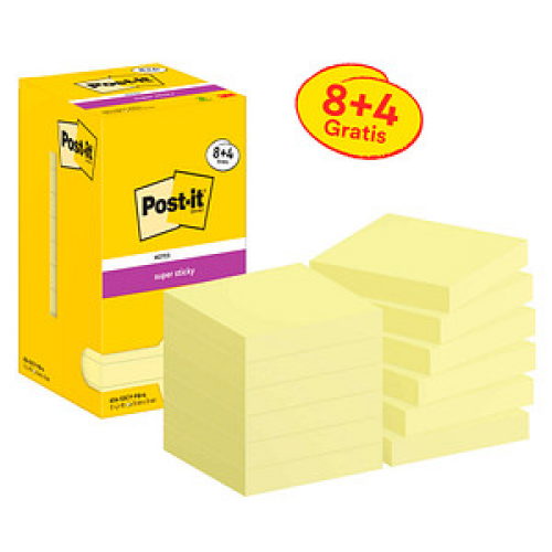 8 + 4 GRATIS: Post-it® Super Sticky Haftnotizen extrastark gelb, 8 Blöcke + GRATIS 4 Blöcke