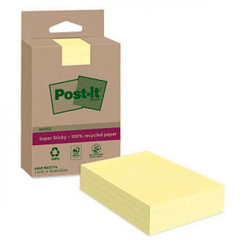 Post-it® Super Sticky Recycling Notes Haftnotizen extrastark gelb, 4 Blöcke