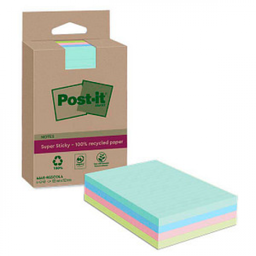 Post-it® Super Sticky Recycling Notes Haftnotizen extrastark farbsortiert, 4 Blöcke