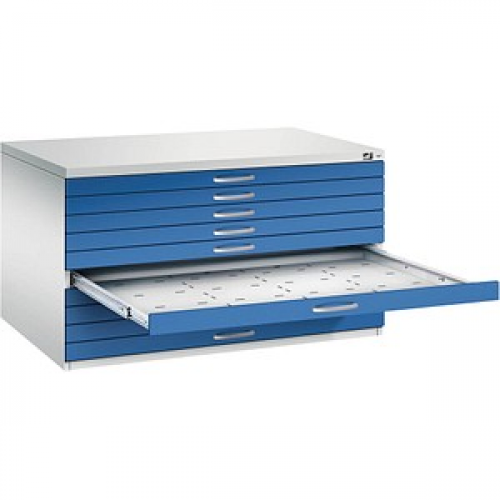 CP 7200 Planschrank lichtgrau, enzianblau 10 Schubladen 135,0 x 96,0 x 76,0 cm