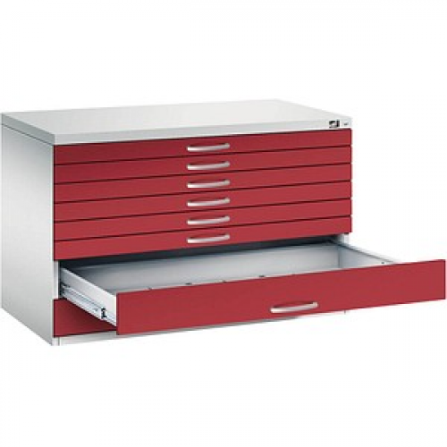 CP 7100 Planschrank lichtgrau, rubinrot 8 Schubladen 110,0 x 76,5 x 76,0 cm