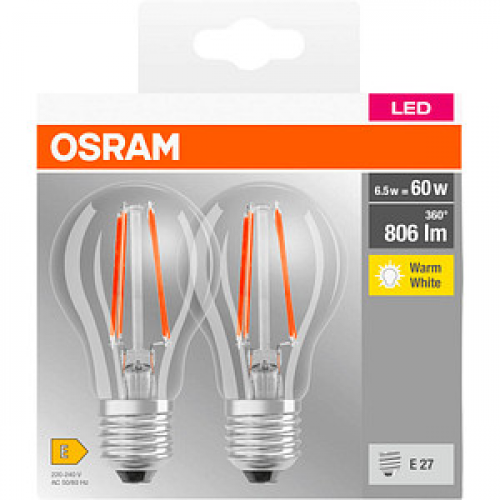 2 OSRAM LED-Lampen Base CLASSIC A60 Multipack E27 6,5 W klar