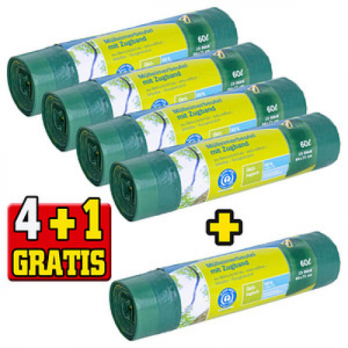 4 + 1 GRATIS: Secolan® Mülltonnenbeutel 60,0 l grün 30,0 µm, 4x 15 St. + GRATIS 1x 15 St.