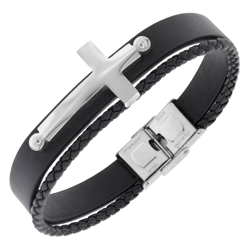 trendor 75875 Herren-Armband Leder Schwarz Stahl Kreuz