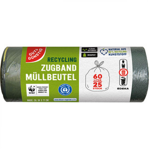 GUT&GÜNSTIG Müllbeutel RECYCLING 60,0 l schwarz, 25 St.