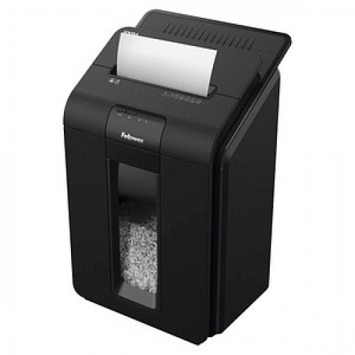 Fellowes AutoMax 100M Aktenvernichter mit Partikelschnitt P-4, 4 x 10 mm, bis 100 Blatt, schwarz