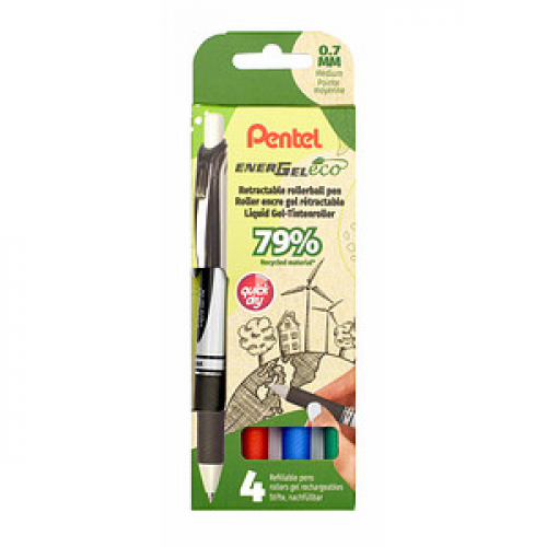 Pentel EnerGel eco BL77 Gelschreiber schwarz, blau, rot, grün 0,35 mm, Schreibfarbe: farbsortiert, 1 Set