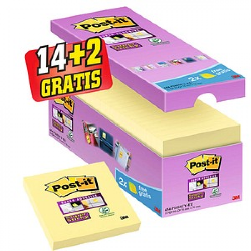 14 + 2 GRATIS: Post-it® Haftnotizen extrastark 654 gelb, 14 Blöcke + GRATIS 2 Blöcke