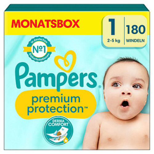 Pampers® Windeln Monatsbox premium protection™ Größe Gr.1 (2-5 kg) für Neugeborene (0-3 Monate), 180 St.