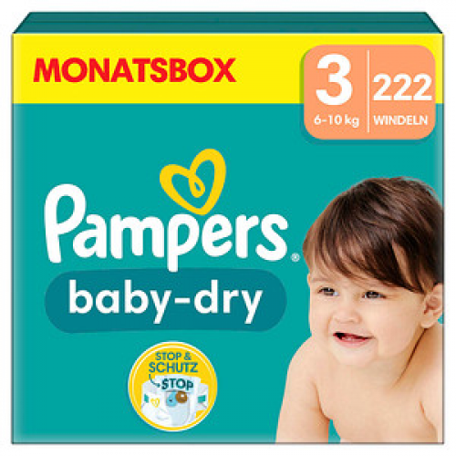 Pampers® Windeln baby-dry™ Monatsbox Größe Gr.3 (6-10 kg) für Babys und Kleinkinder, 222 St.