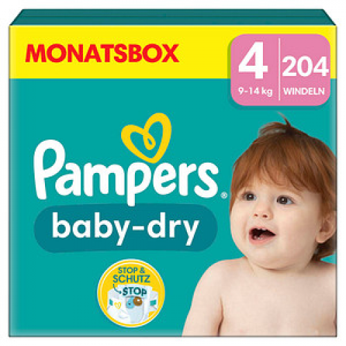 Pampers® Windeln baby-dry™ Monatsbox Größe Gr.4 (9-14 kg) für Babys und Kleinkinder, 204 St.