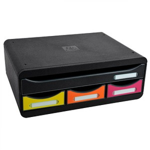 Exacompta Schubladenbox Toolbox  schwarz, gelb, orange, pink 319798D, DIN A4+ quer mit 4 Schubladen