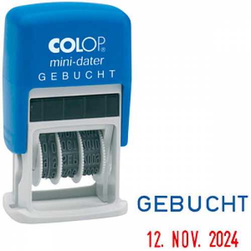 COLOP Datumstempel mit Text "Gebucht" Mini-Dater S 160/L selbstfärbend blau rot